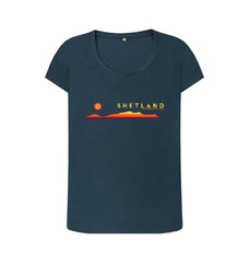 Denim Blue Foula Sunset Womans T-shirt | Shetland, The Beautiful Isle