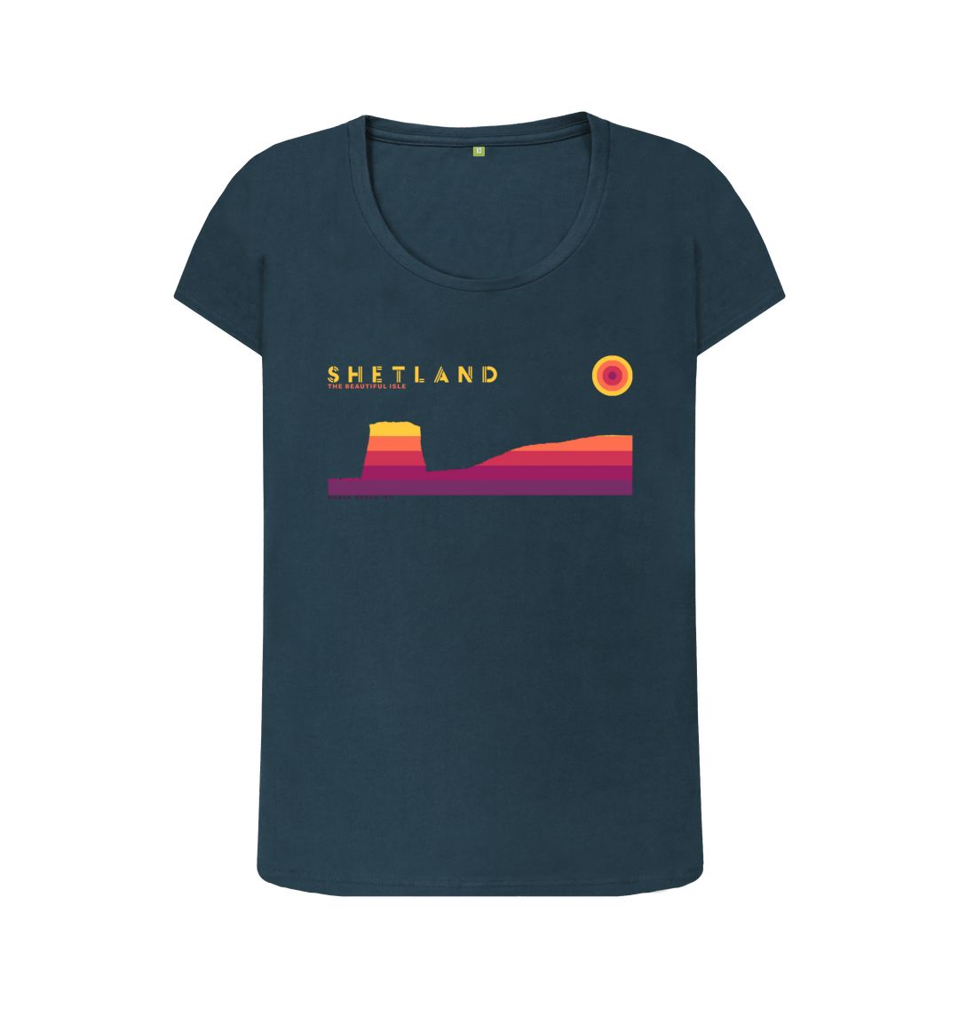 Denim Blue Mousa Broch Sunset Womans T-shirt | Shetland, The Beautiful Isle