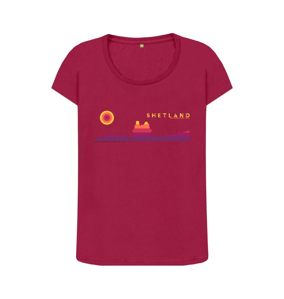 Cherry Scalloway Castle Sunset Womans T-shirt | Shetland, The Beautiful Isle