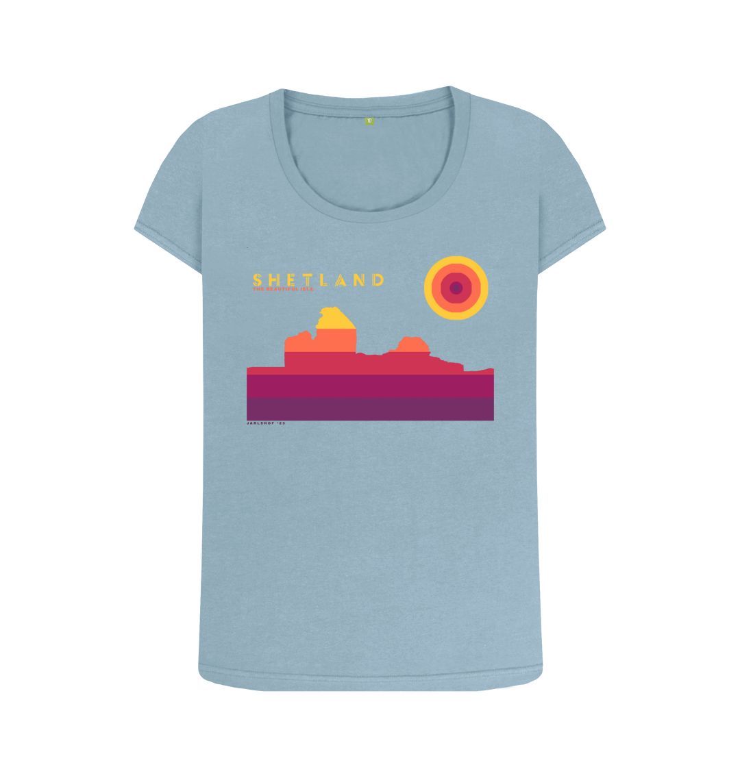 Stone Blue Jarlshof Sunset Womans T-shirt | Shetland, The Beautiful Isle