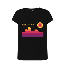 Black Jarlshof Sunset Womans T-shirt | Shetland, The Beautiful Isle