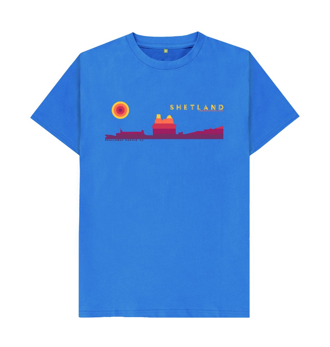 Bright Blue Scalloway Castle Sunset Mens T-Shirt | Shetland, The Beautiful Isle