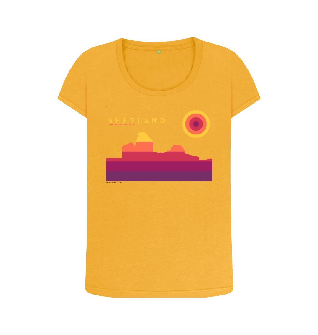 Mustard Jarlshof Sunset Womans T-shirt | Shetland, The Beautiful Isle