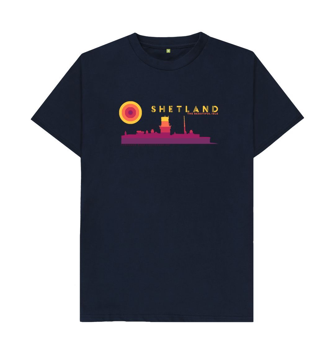 Navy Blue Sumburgh Lighthouse Sunset Mens T-Shirt | Shetland, The Beautiful Isle