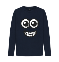Navy Blue Googly Eyed Smile Mens Long-Sleeved T-shirt