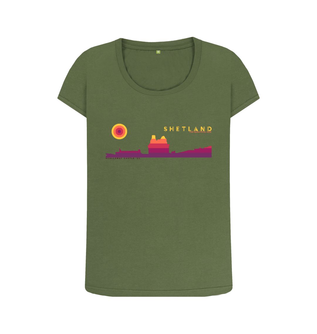Khaki Scalloway Castle Sunset Womans T-shirt | Shetland, The Beautiful Isle