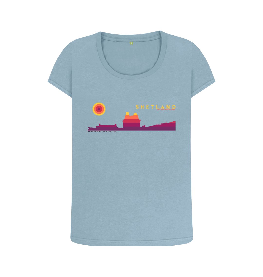 Stone Blue Scalloway Castle Sunset Womans T-shirt | Shetland, The Beautiful Isle