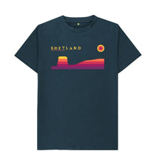 Denim Blue Mousa Broch Sunset mans T-shirt | Shetland, The Beautiful Isle