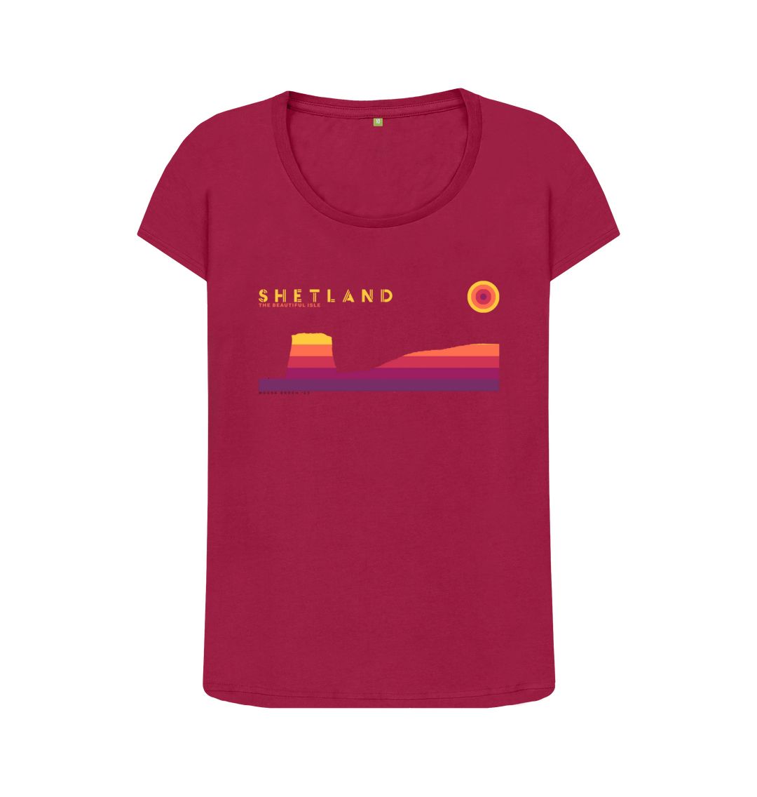 Cherry Mousa Broch Sunset Womans T-shirt | Shetland, The Beautiful Isle