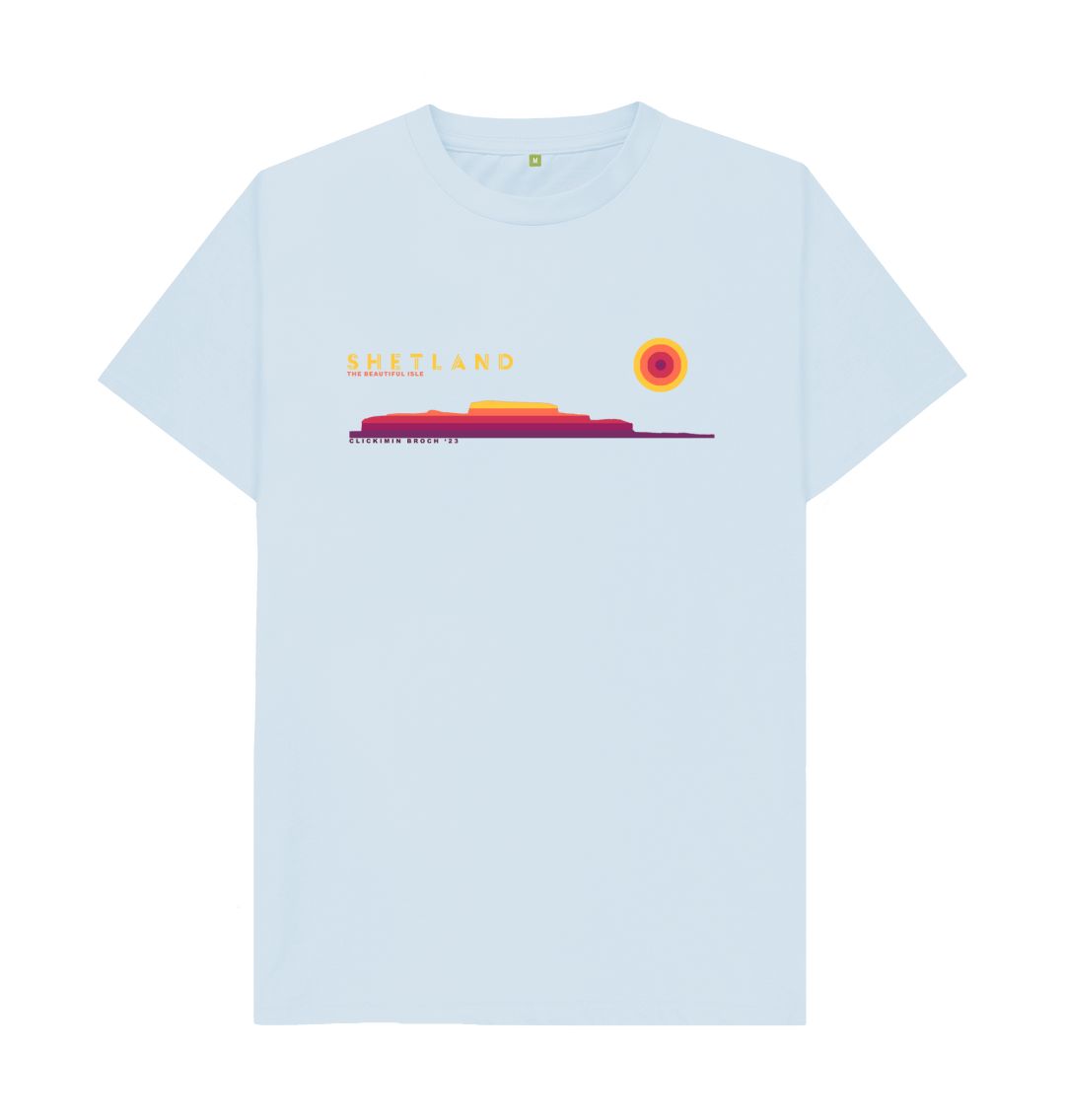 Sky Blue Clickimin Broch Sunset Mens T-Shirt | Shetland, The Beautiful Isle