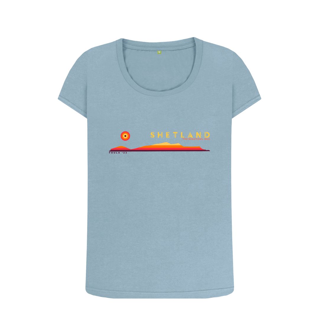 Stone Blue Foula Sunset Womans T-shirt | Shetland, The Beautiful Isle