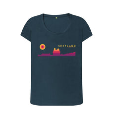Denim Blue Scalloway Castle Sunset Womans T-shirt | Shetland, The Beautiful Isle