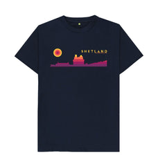 Navy Blue Scalloway Castle Sunset Mens T-Shirt | Shetland, The Beautiful Isle