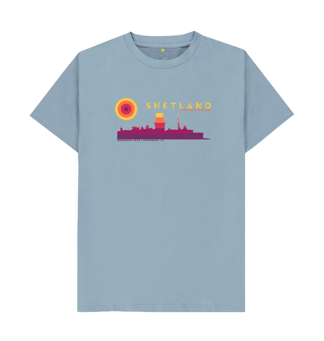 Stone Blue Sumburgh Lighthouse Sunset Mens T-Shirt | Shetland, The Beautiful Isle