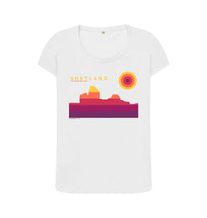 White Jarlshof Sunset Womans T-shirt | Shetland, The Beautiful Isle