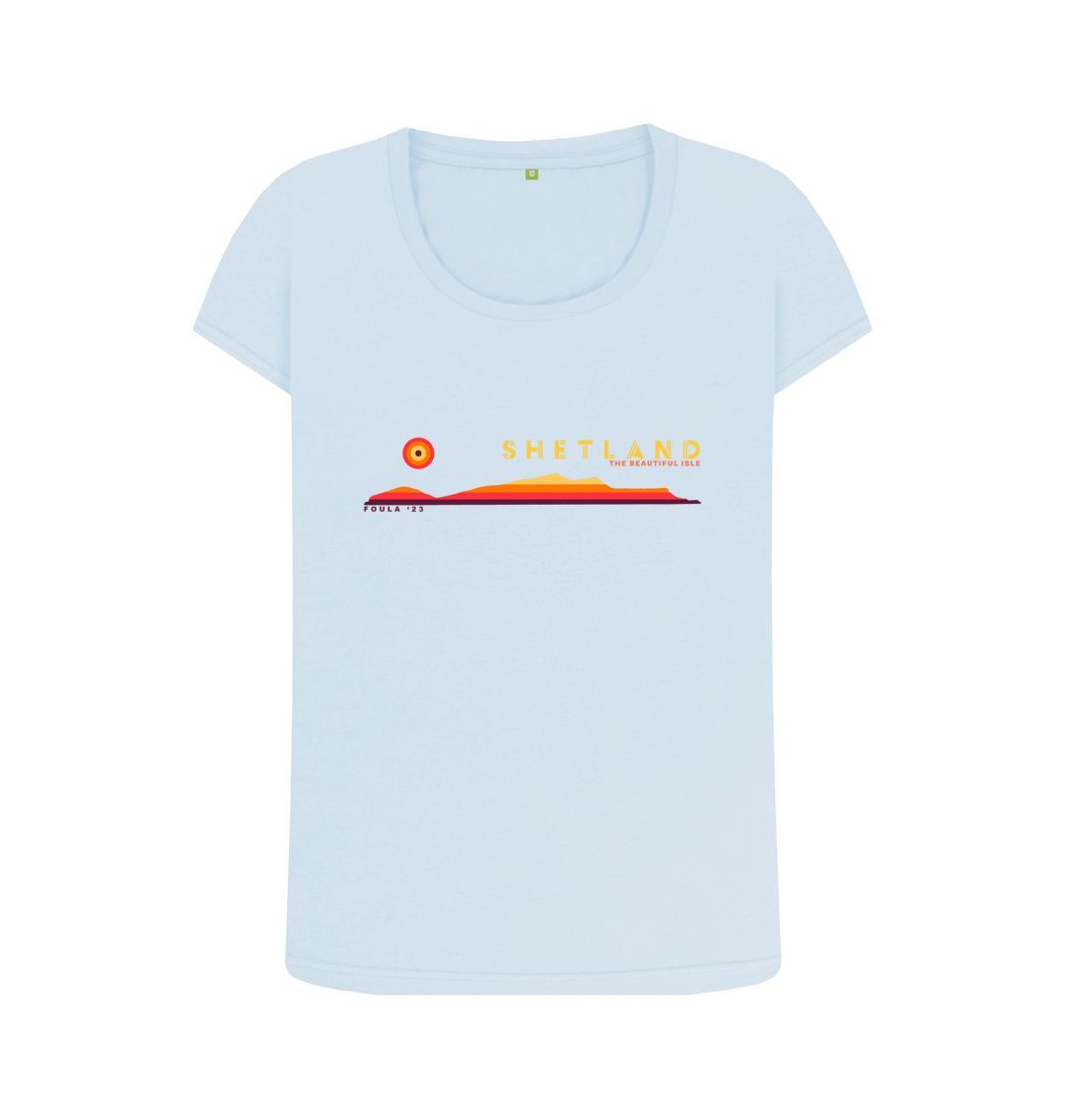 Sky Blue Foula Sunset Womans T-shirt | Shetland, The Beautiful Isle
