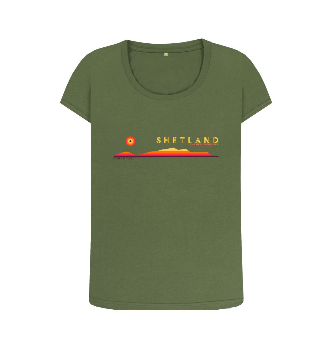 Khaki Foula Sunset Womans T-shirt | Shetland, The Beautiful Isle