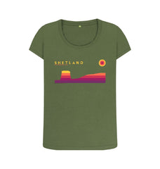 Khaki Mousa Broch Sunset Womans T-shirt | Shetland, The Beautiful Isle