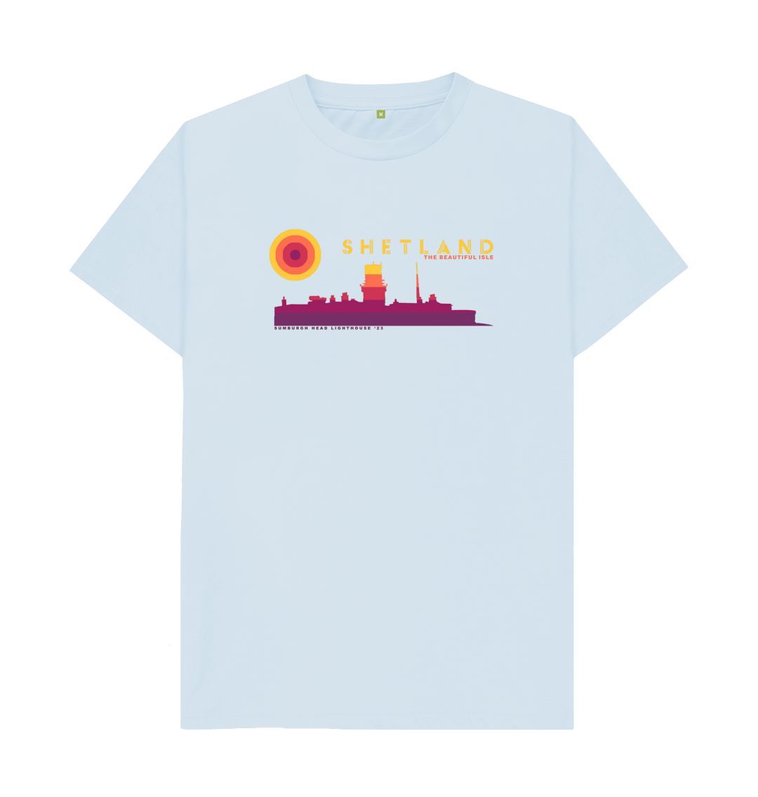 Sky Blue Sumburgh Lighthouse Sunset Mens T-Shirt | Shetland, The Beautiful Isle