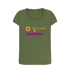 Khaki Sumburgh Lighthouse Sunset Womans T-shirt | Shetland, The Beautiful Isle