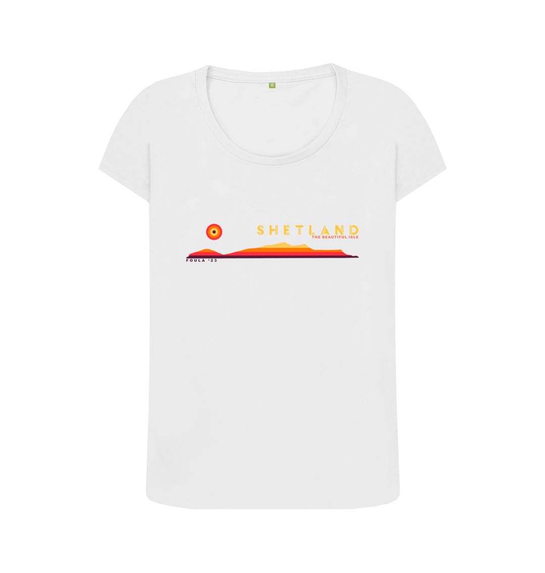 White Foula Sunset Womans T-shirt | Shetland, The Beautiful Isle