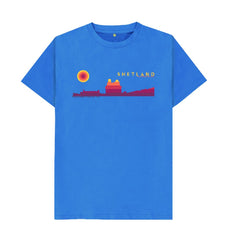 Bright Blue Scalloway Castle Sunset Mens T-Shirt | Shetland, The Beautiful Isle