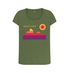 Khaki Jarlshof Sunset Womans T-shirt | Shetland, The Beautiful Isle