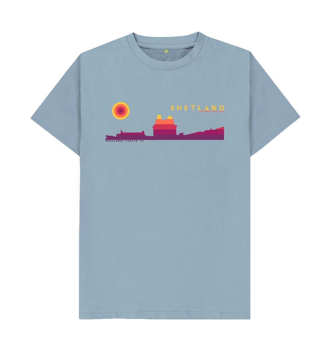 Stone Blue Scalloway Castle Sunset Mens T-Shirt | Shetland, The Beautiful Isle