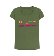 Khaki Scalloway Castle Sunset Womans T-shirt | Shetland, The Beautiful Isle