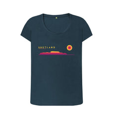 Denim Blue Clickimin Broch Sunset Womans T-shirt | Shetland, The Beautiful Isle