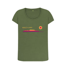 Khaki Clickimin Broch Sunset Womans T-shirt | Shetland, The Beautiful Isle