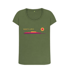 Khaki Clickimin Broch Sunset Womans T-shirt | Shetland, The Beautiful Isle