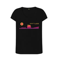 Black Scalloway Castle Sunset Womans T-shirt | Shetland, The Beautiful Isle