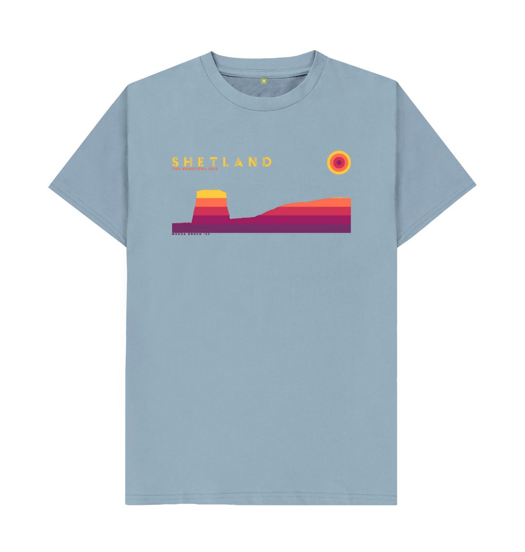 Stone Blue Mousa Broch Sunset mans T-shirt | Shetland, The Beautiful Isle