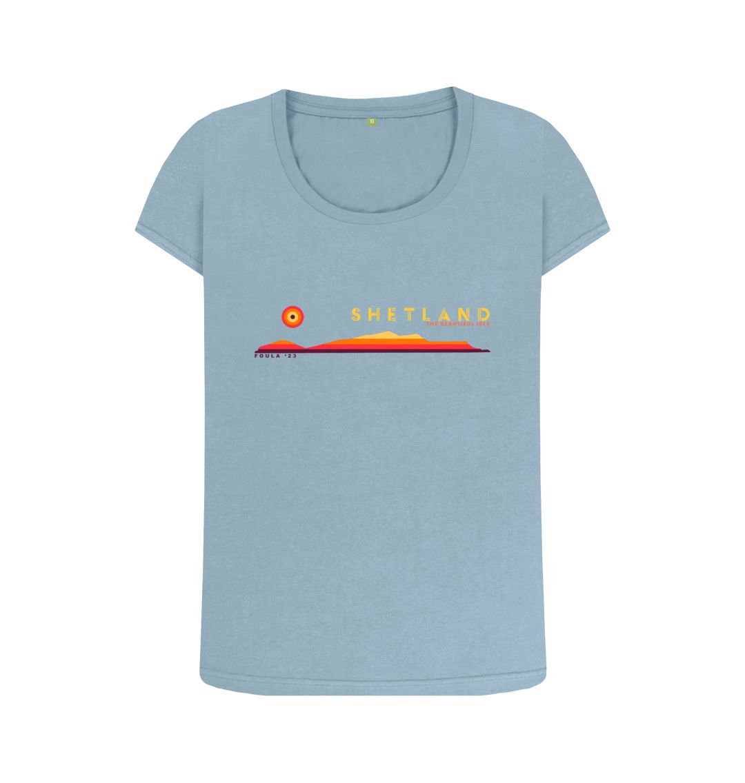 Stone Blue Foula Sunset Womans T-shirt | Shetland, The Beautiful Isle