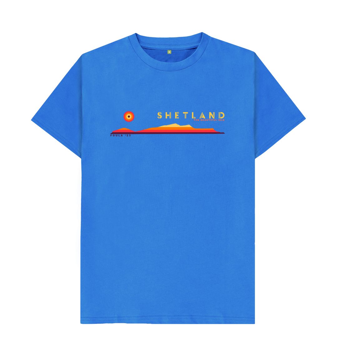 Bright Blue Foula Sunset Mens T-Shirt | Shetland, The Beautiful Isle