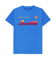 Bright Blue Mousa Broch Sunset mans T-shirt | Shetland, The Beautiful Isle