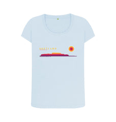 Sky Blue Clickimin Broch Sunset Womans T-shirt | Shetland, The Beautiful Isle