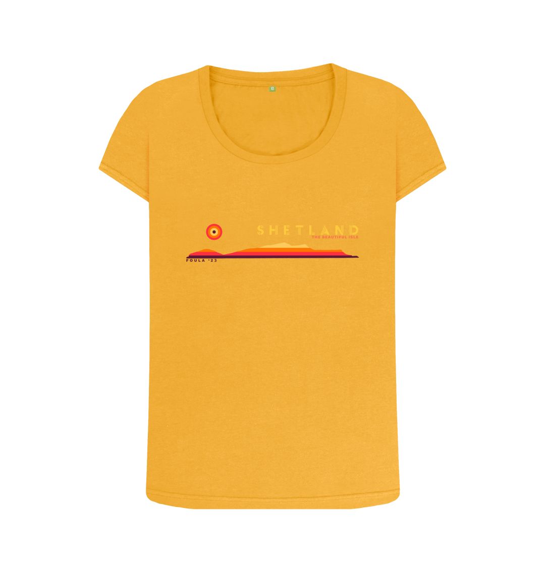 Mustard Foula Sunset Womans T-shirt | Shetland, The Beautiful Isle